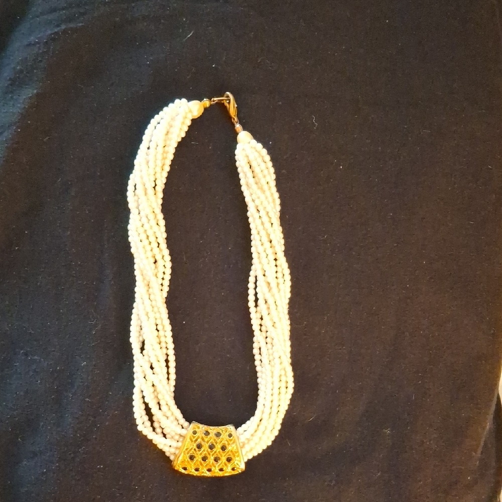 Cream and Gold Multi-Strand Necklace with Geometric Accent